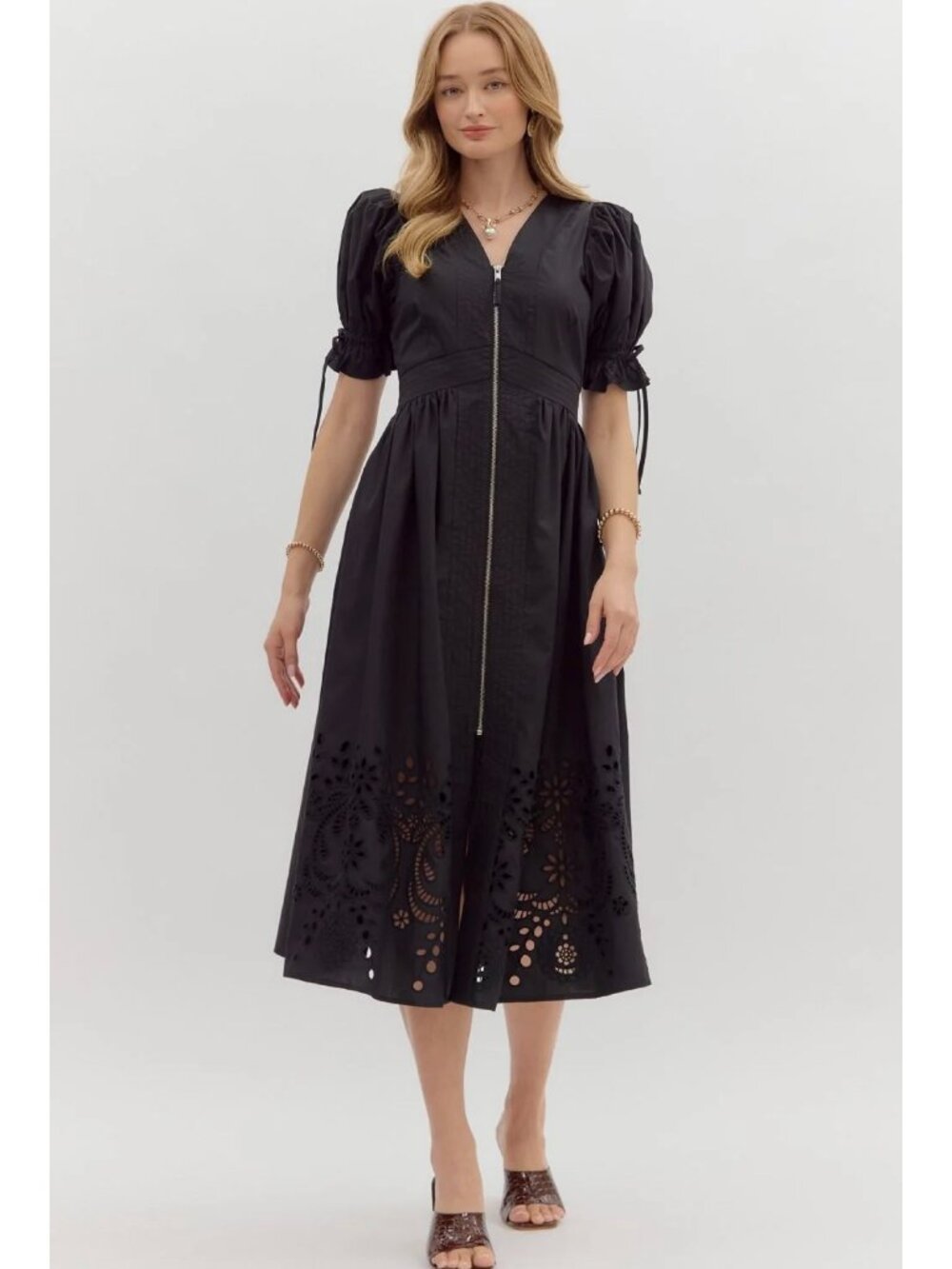 Entro Black Zip Front Short Puff Sleeve Eyelet Hem Midi Dress